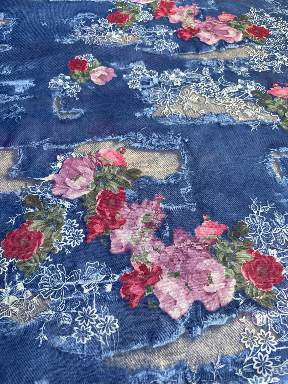 Y2K Denim Rose Lace Print Stretch Mesh Fabric 4 Yards 54” Semi Sheer